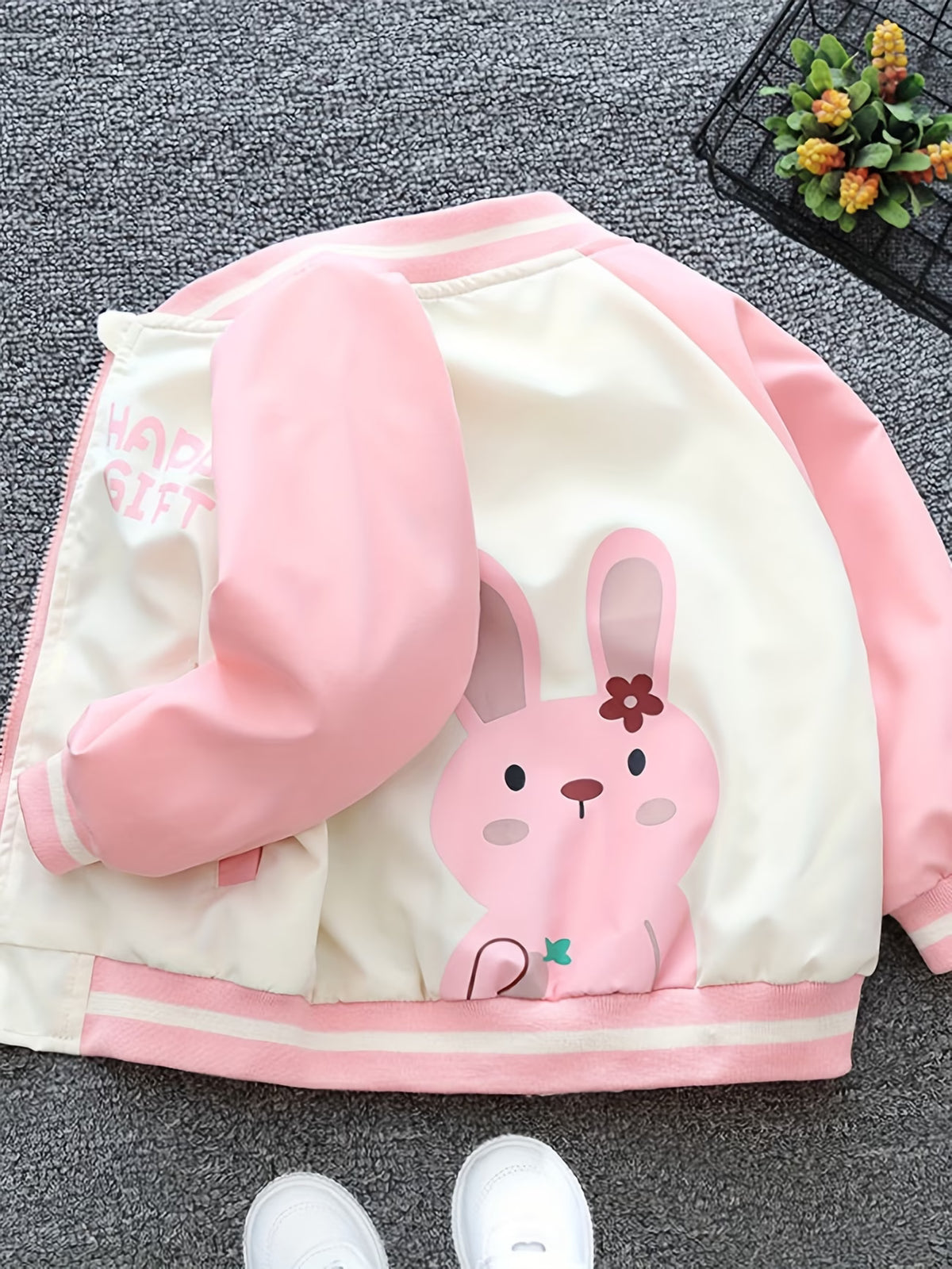 Girls' Spring/Autumn Cartoon Print Pink Bunny Jacket, Stylish Color-Block Patchwork Baseball Jacket, Cute Jacket