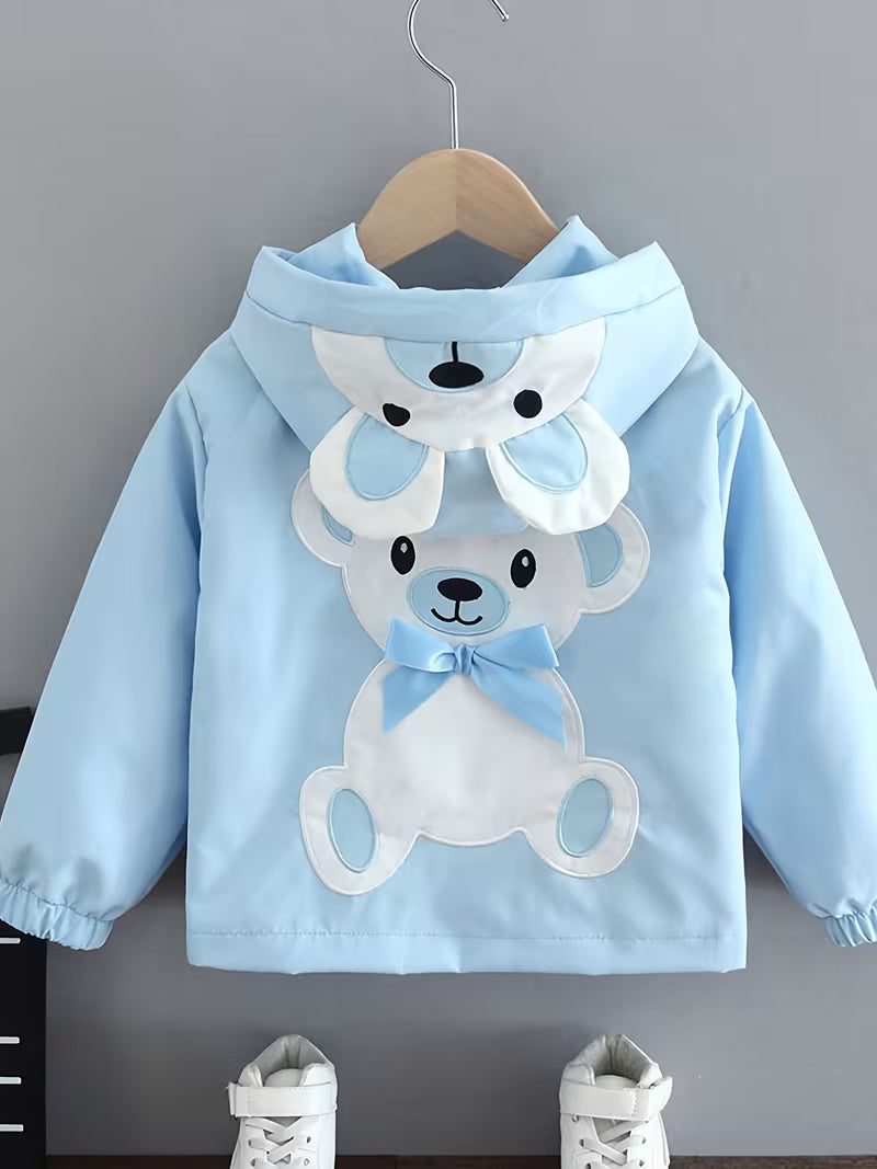 Girls' Spring/Autumn Windbreaker Jacket, Casual and Stylish Hooded Windbreaker for Middle and Older Toddlers, Little Kids' Cartoon Bear Top, Internet-Famous Style