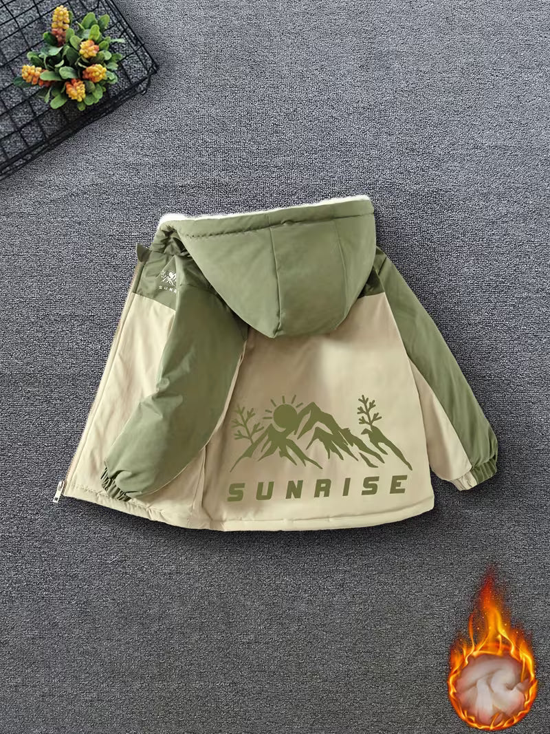 New Autumn/Winter -Lined Thickened Windproof Zipper Hooded Jacket for Girls, Korean-Style Fashionable Outerwear, Also Suitable for Boys, Featuring a Stylish Landscape Print Design