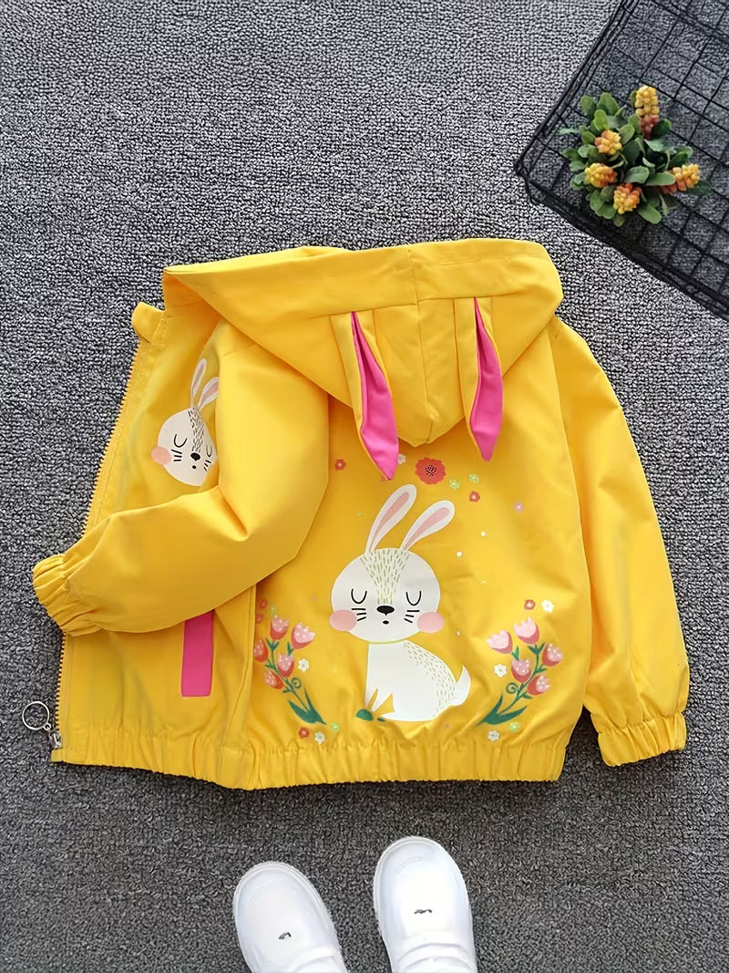 Kids Girls Spring Fall Thin Jacket with Lining, Girly Hooded Zip-Up Coat, Cartoon Print Top