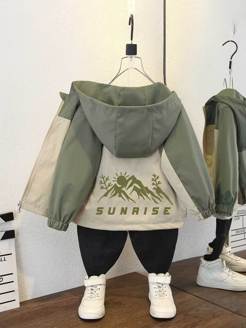 New Spring/Autumn Korean-Style Versatile and Fashionable Avant-Garde Color-Block Mountain Pattern Hooded Jacket for Big Kids and Girls, Unisex Outfit for Casual Outdoor Wear