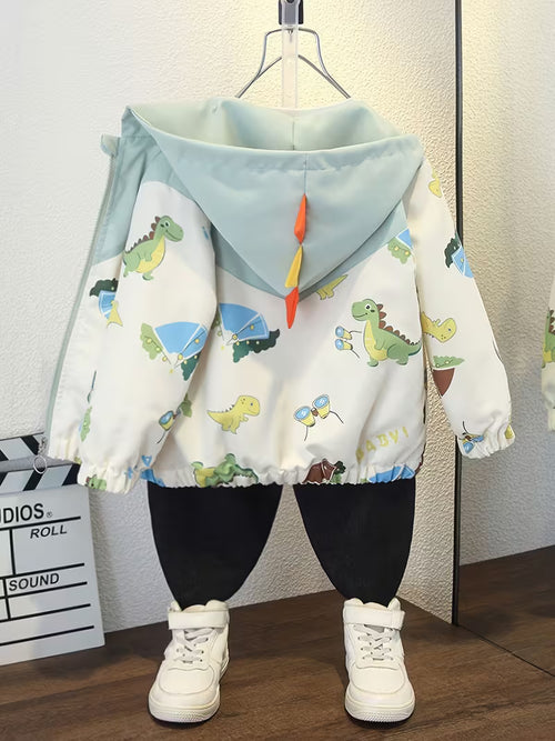 Boys' Spring/Autumn Hooded Jacket with All-Over Cute Cartoon Dinosaur Print, Fall Zip-Up Cardigan