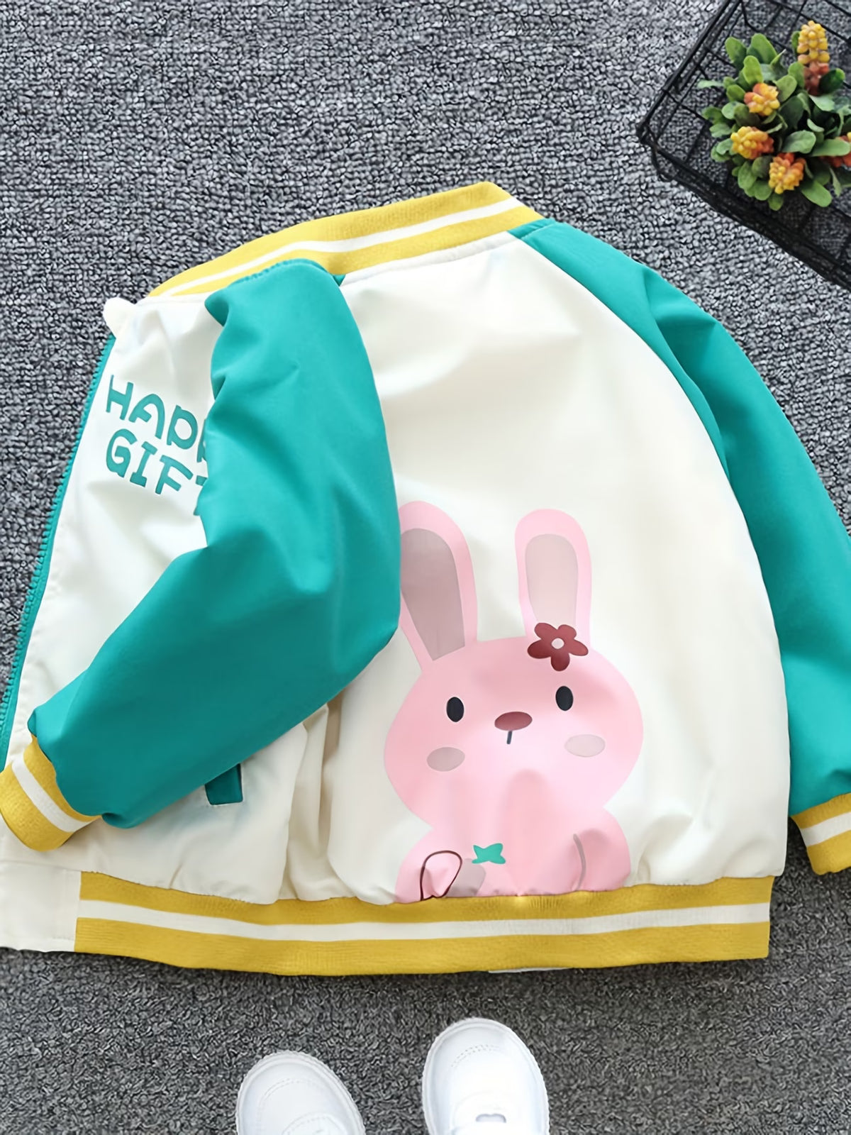 Girls' Spring/Autumn Cartoon Print Pink Bunny Jacket, Stylish Color-Block Patchwork Baseball Jacket, Cute Jacket