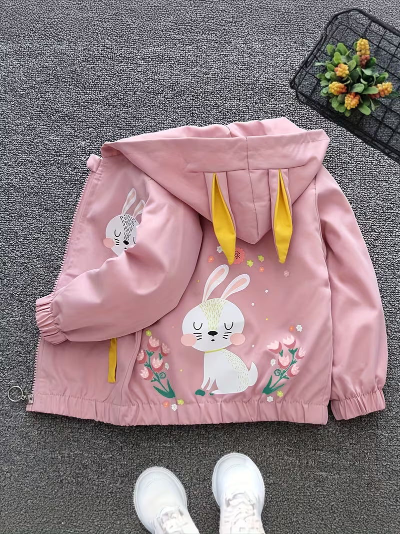 Kids Girls Spring Fall Thin Jacket with Lining, Girly Hooded Zip-Up Coat, Cartoon Print Top
