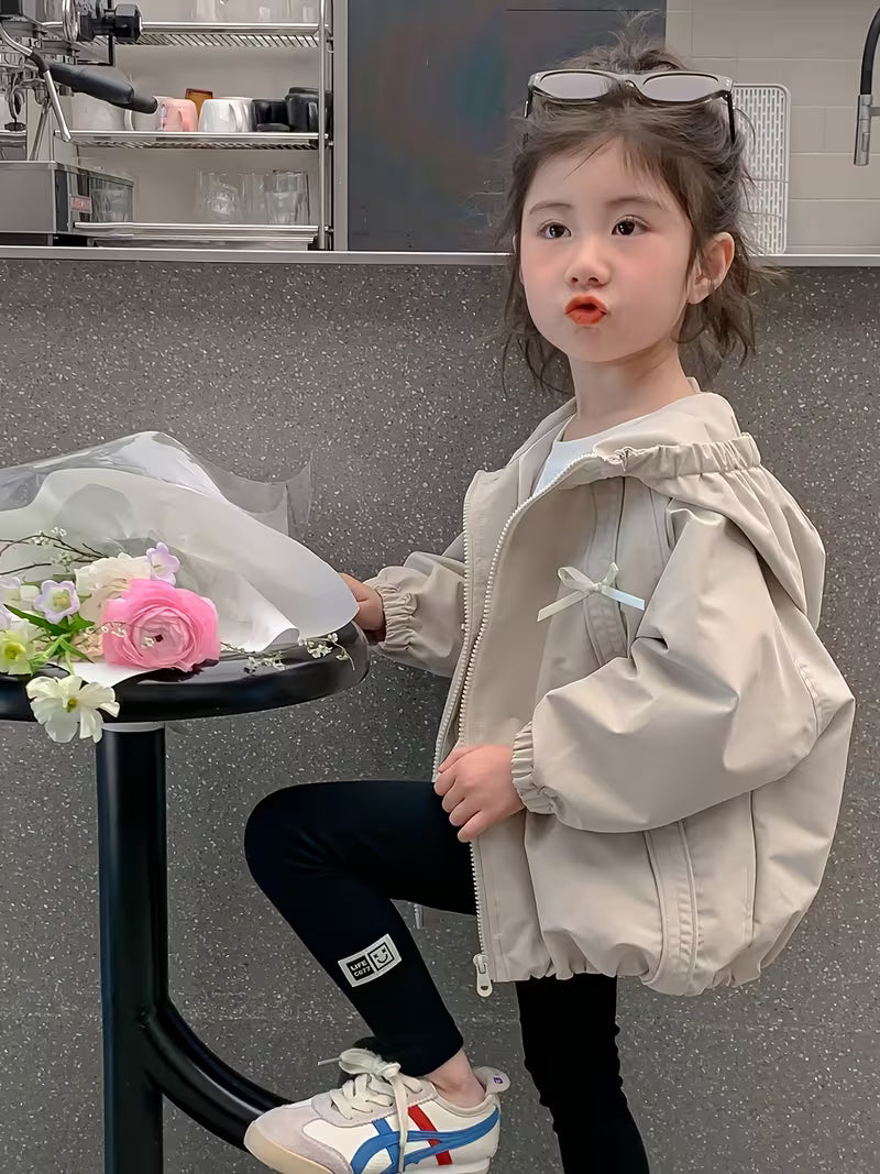 Spring/Autumn New Arrival Comfortable and Versatile Trendy Korean Style Loose Fit Zipper Hooded Jacket for Toddlers and Young Children, Outdoor Outing and Playwear with Bow Decoration