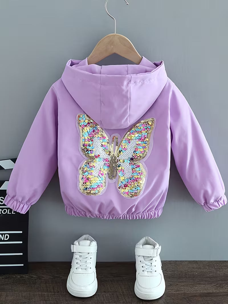 Girls' Mid-Big Kids Korean Style Hooded Casual Jacket Spring/Autumn New Top Butterfly Sequin Girly Jacket Autumn Wear