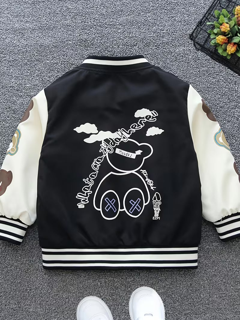 Girls' Cartoon Print Spring/Autumn Outerwear, Stylish Casual Baseball Jacket for Middle/Older Kids, Korean Style Versatile Autumn Jacket, Trendy