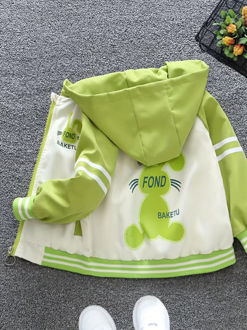 Girls' Spring And Autumn Hooded Jacket with Rabbit Cartoon Print, Stylish Thin Windbreaker for Casual Wear