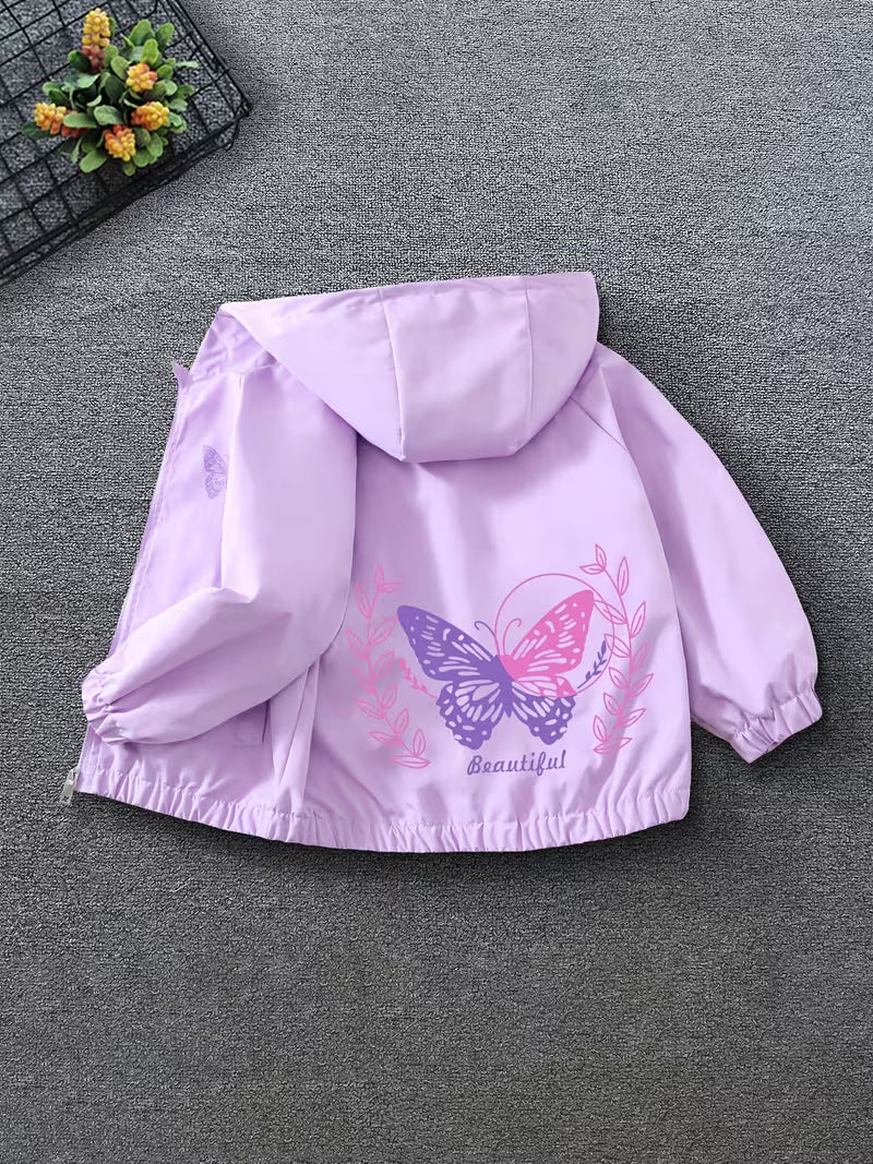 Spring And Autumn New Style Hooded Jacket for Older Girls, Featuring a Versatile Cartoon Leaf And Butterfly Print, Casual And Fashionable with a Loose Fit
