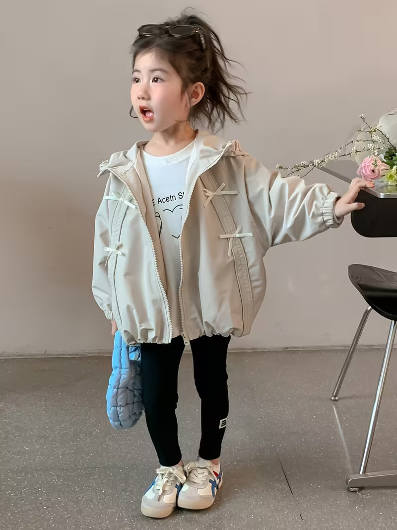 Spring/Autumn New Arrival Comfortable and Versatile Trendy Korean Style Loose Fit Zipper Hooded Jacket for Toddlers and Young Children, Outdoor Outing and Playwear with Bow Decoration