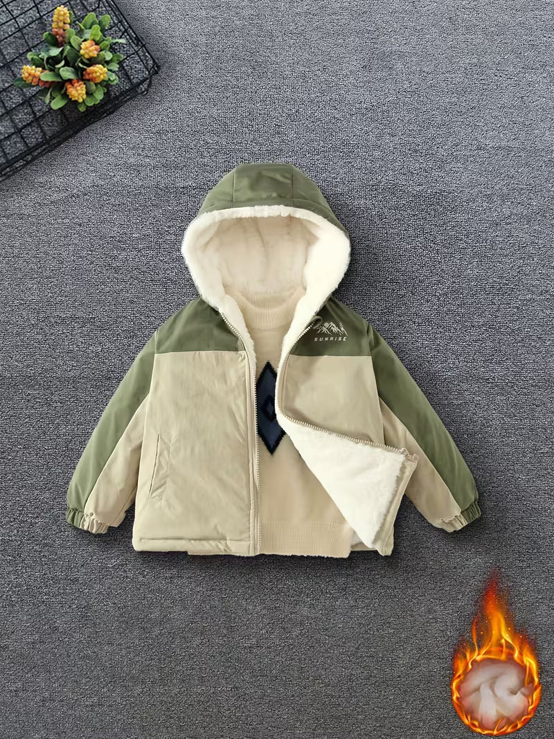New Autumn/Winter -Lined Thickened Windproof Zipper Hooded Jacket for Girls, Korean-Style Fashionable Outerwear, Also Suitable for Boys, Featuring a Stylish Landscape Print Design