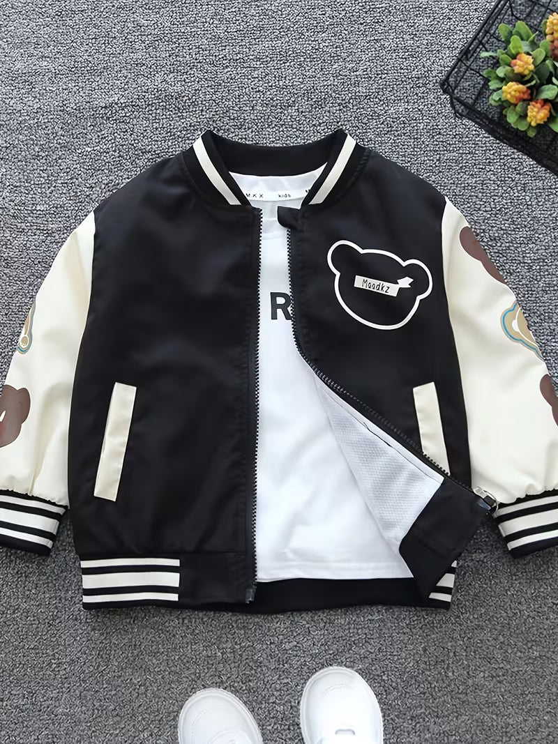 Girls' Cartoon Print Spring/Autumn Outerwear, Stylish Casual Baseball Jacket for Middle/Older Kids, Korean Style Versatile Autumn Jacket, Trendy