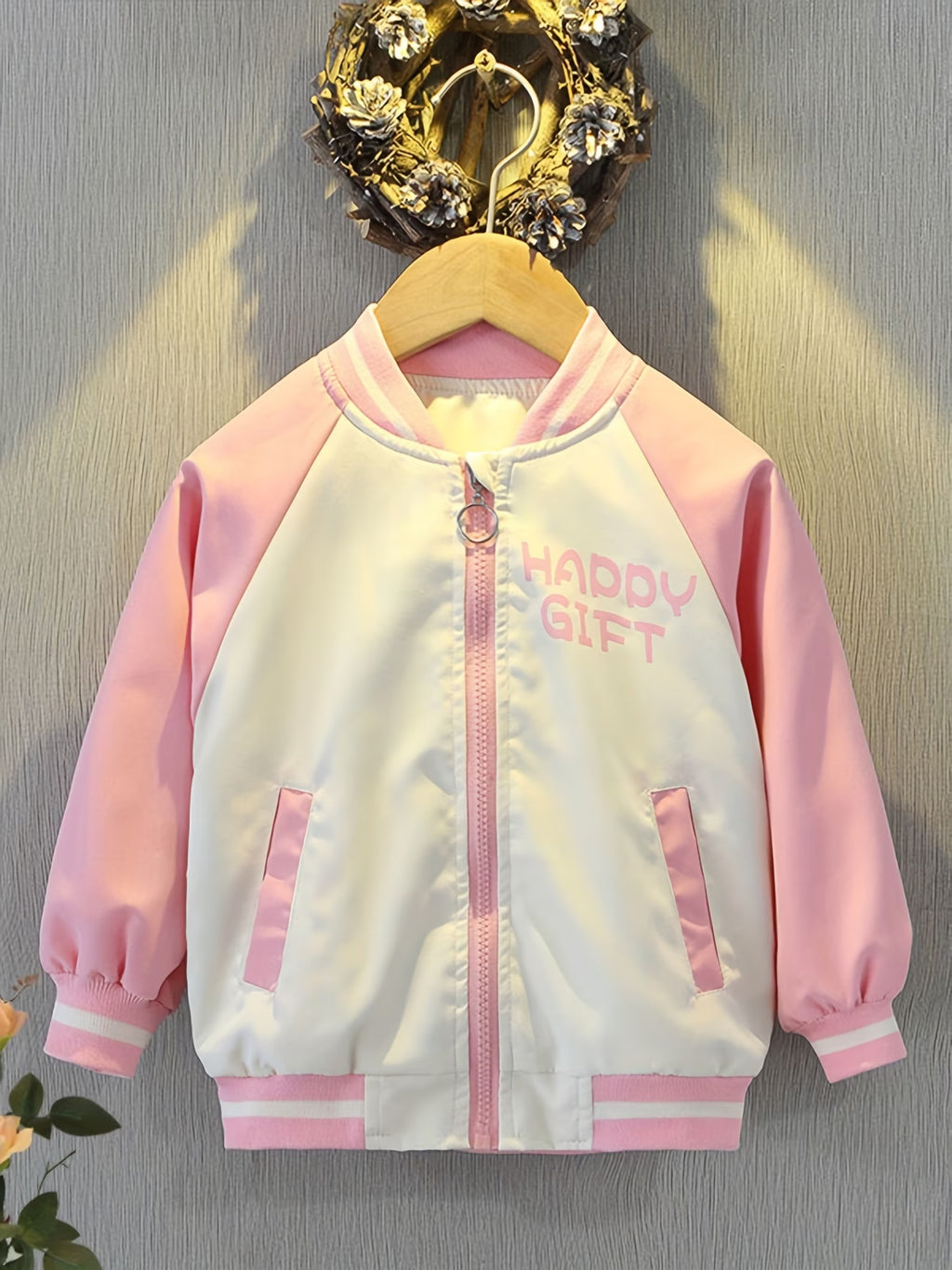 Girls' Spring/Autumn Cartoon Print Pink Bunny Jacket, Stylish Color-Block Patchwork Baseball Jacket, Cute Jacket