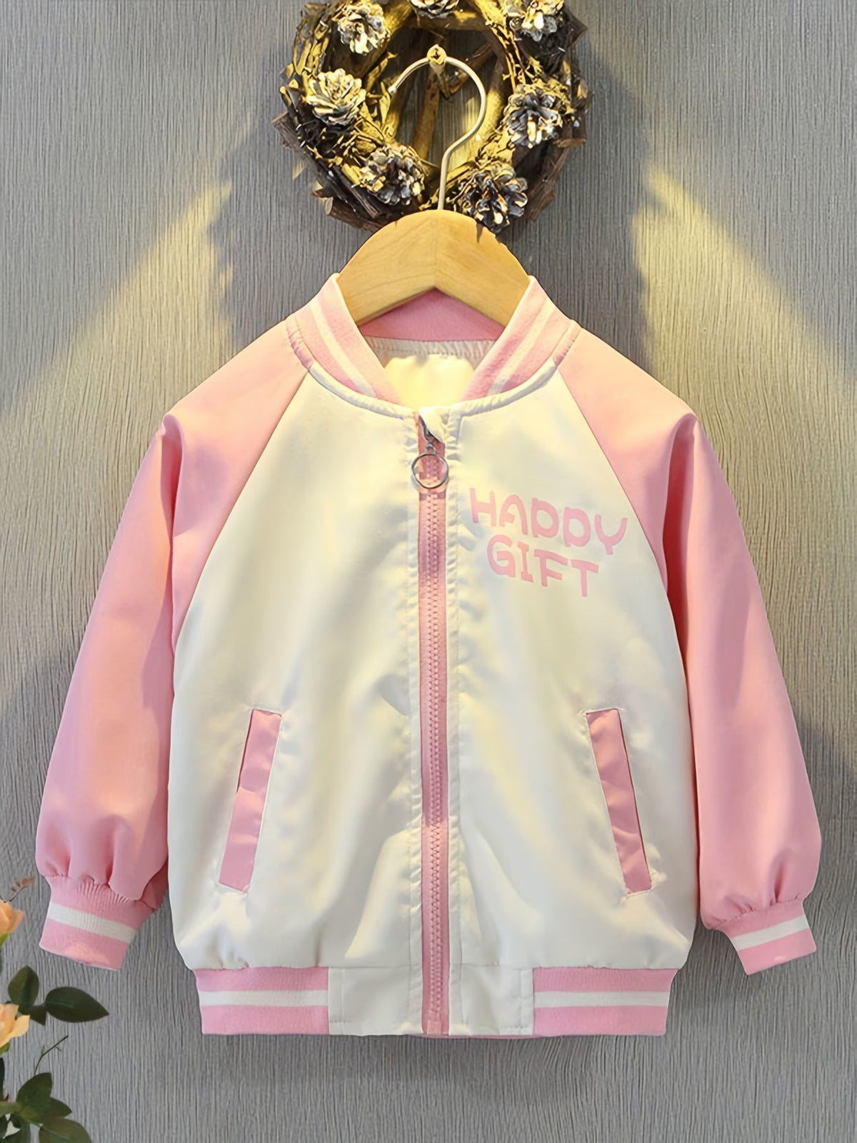Girls' Spring/Autumn Cartoon Print Pink Bunny Jacket, Stylish Color-Block Patchwork Baseball Jacket, Cute Jacket