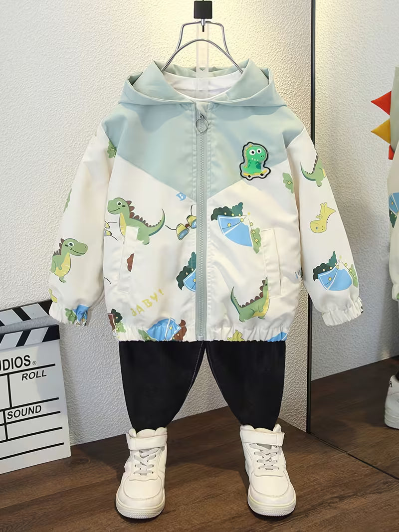 Boys' Spring/Autumn Hooded Jacket with All-Over Cute Cartoon Dinosaur Print, Fall Zip-Up Cardigan