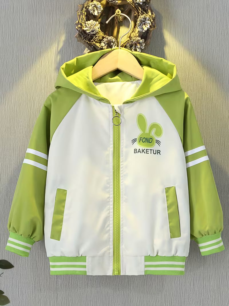Girls' Spring And Autumn Hooded Jacket with Rabbit Cartoon Print, Stylish Thin Windbreaker for Casual Wear