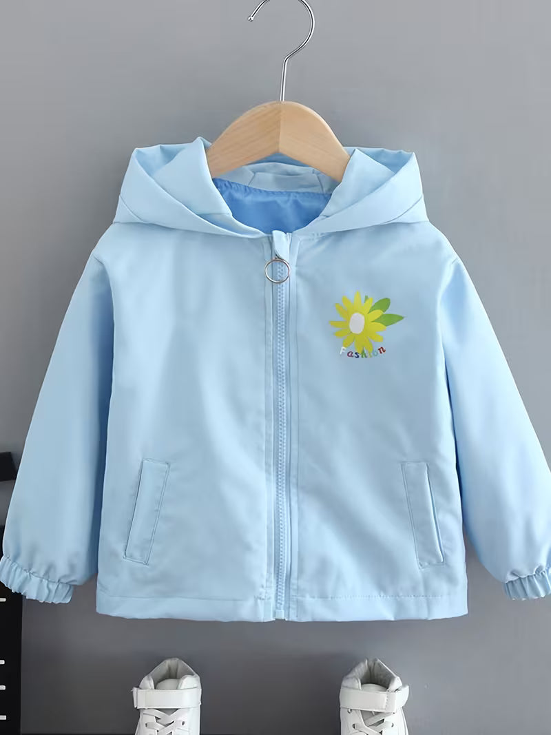 Girls' Spring/Autumn Windbreaker Jacket, Casual and Stylish Hooded Windbreaker for Middle and Older Toddlers, Little Kids' Cartoon Bear Top, Internet-Famous Style