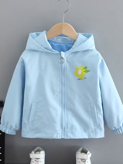 Girls' Spring/Autumn Windbreaker Jacket, Casual and Stylish Hooded Windbreaker for Middle and Older Toddlers, Little Kids' Cartoon Bear Top, Internet-Famous Style
