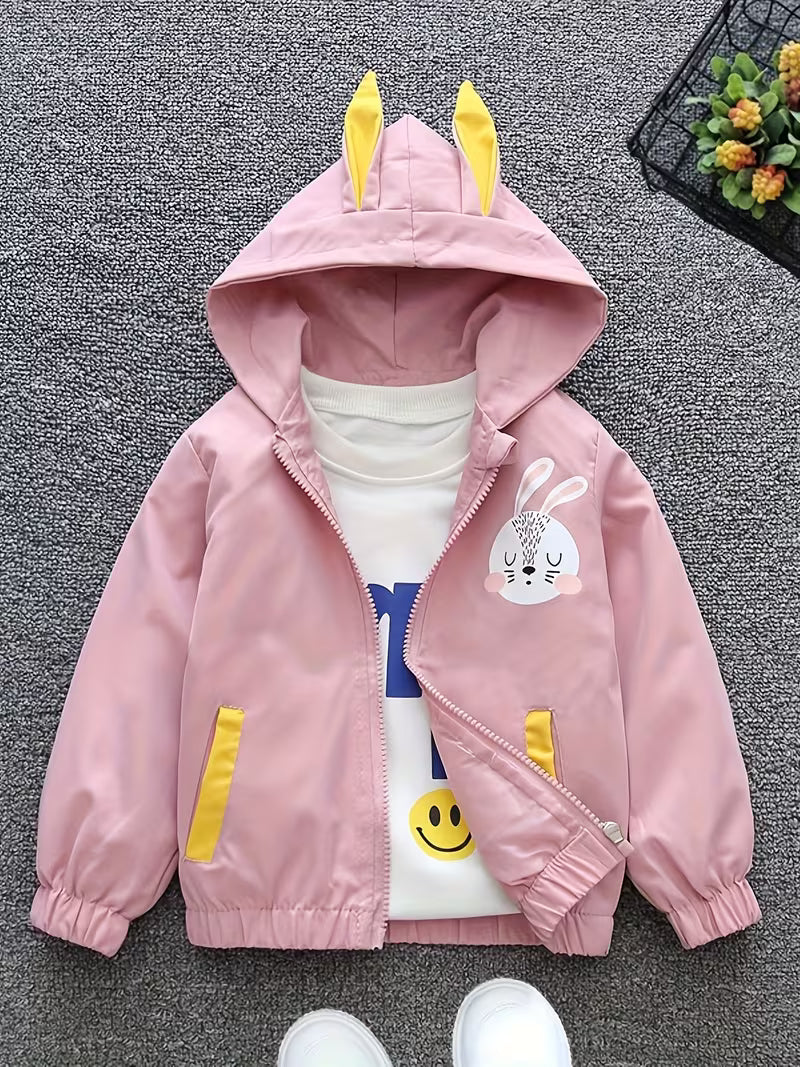 Kids Girls Spring Fall Thin Jacket with Lining, Girly Hooded Zip-Up Coat, Cartoon Print Top