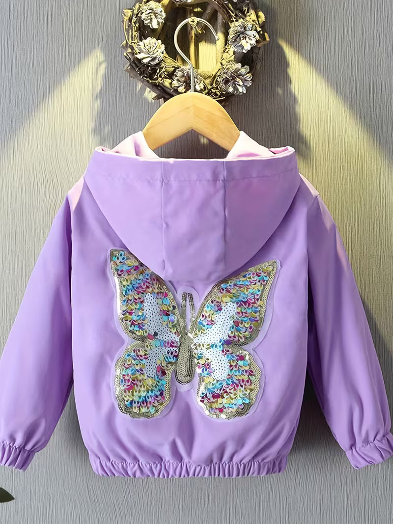 Girls' Mid-Big Kids Korean Style Hooded Casual Jacket Spring/Autumn New Top Butterfly Sequin Girly Jacket Autumn Wear
