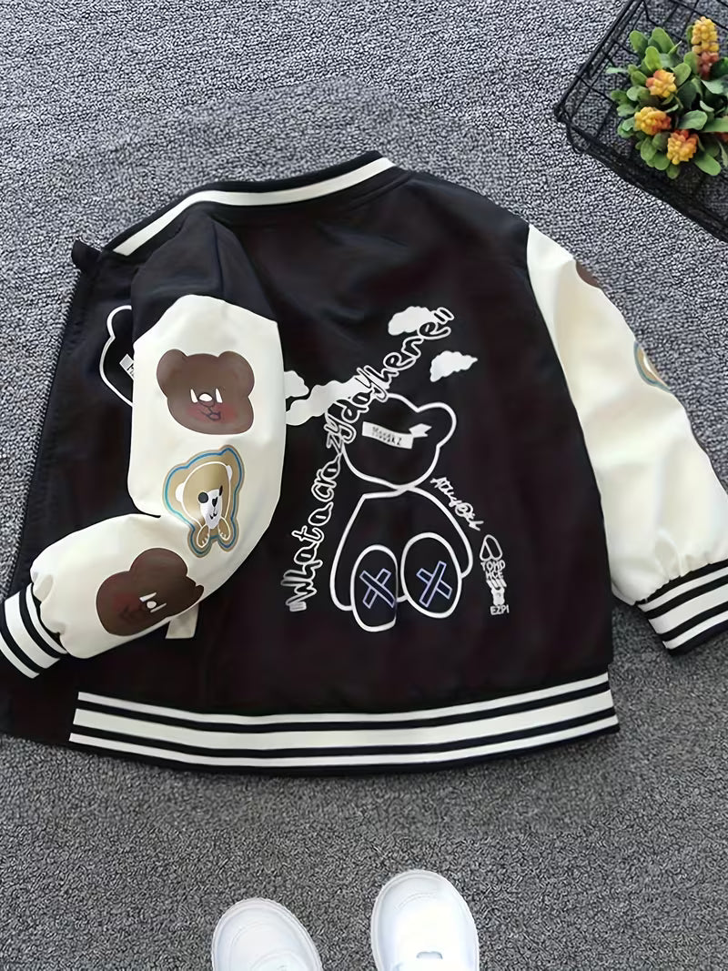 Girls' Cartoon Print Spring/Autumn Outerwear, Stylish Casual Baseball Jacket for Middle/Older Kids, Korean Style Versatile Autumn Jacket, Trendy