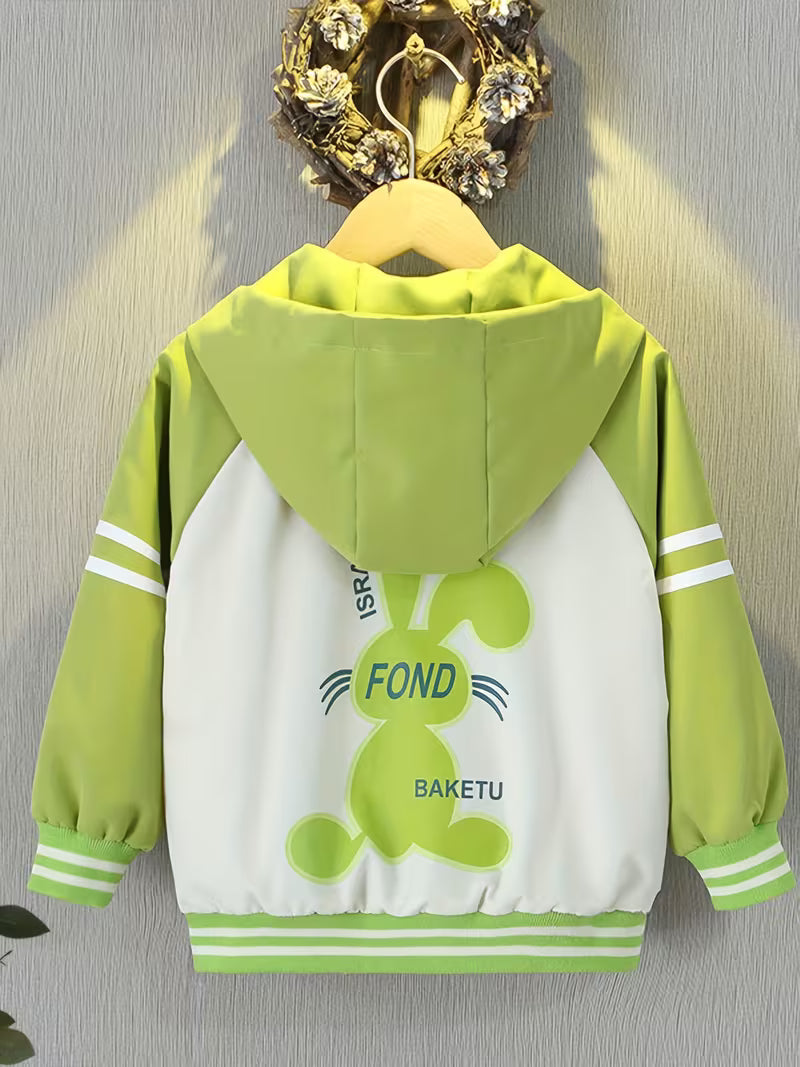Girls' Spring And Autumn Hooded Jacket with Rabbit Cartoon Print, Stylish Thin Windbreaker for Casual Wear