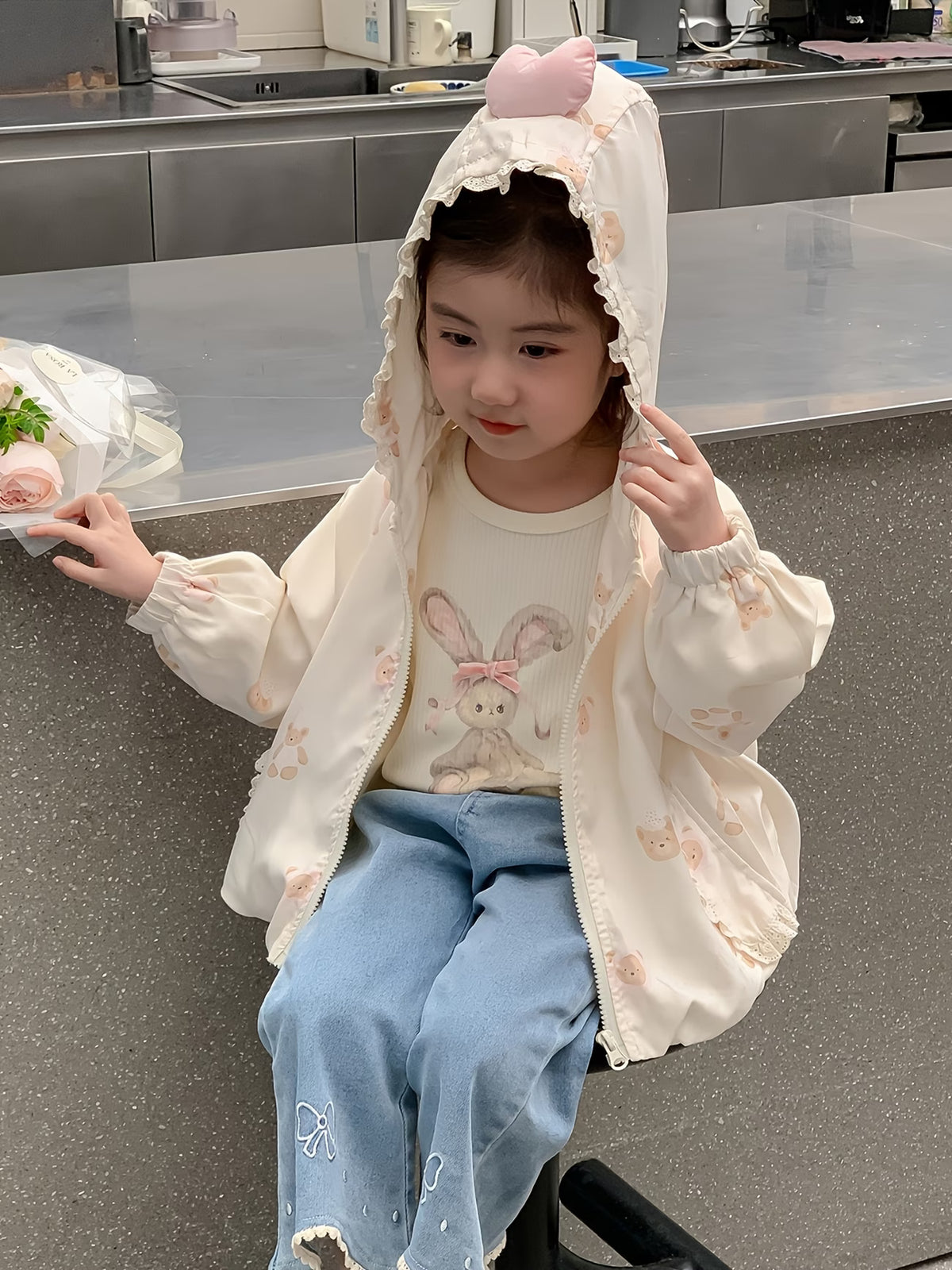 Spring/Autumn New Cute Sweet Fashion Casual Outdoor Travel Zip-Up Hooded Jacket for Girls, Exquisite Versatile Outwear for Kids