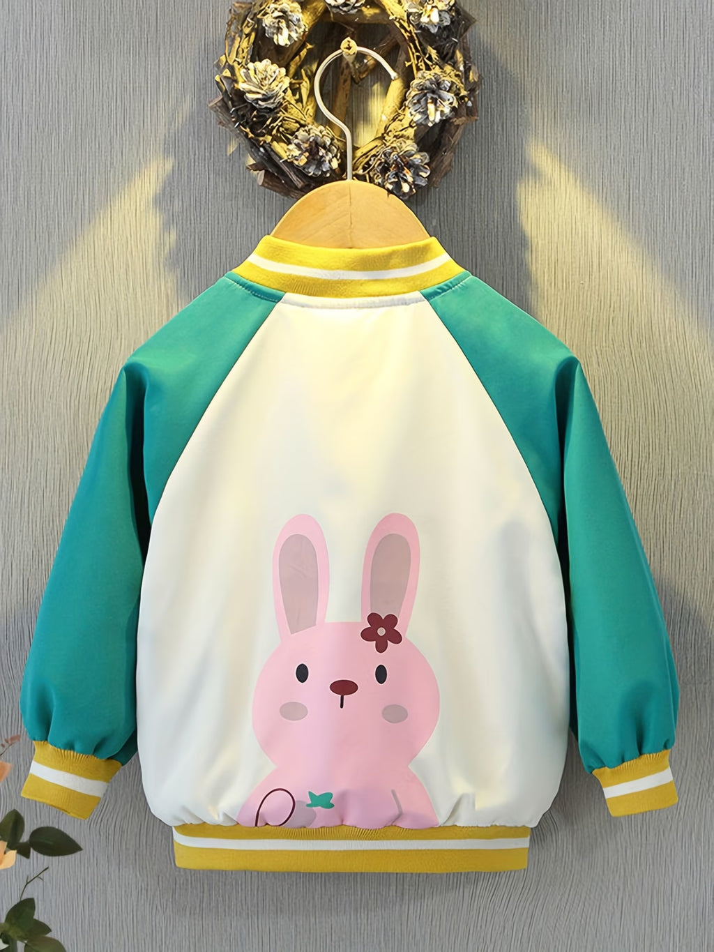 Girls' Spring/Autumn Cartoon Print Pink Bunny Jacket, Stylish Color-Block Patchwork Baseball Jacket, Cute Jacket