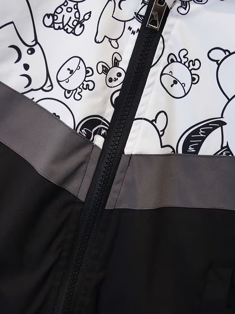 Spring/Autumn Series New Korean Style Versatile Fashion Simple Medium to Large Girls' Cute Cartoon Rabbit Print Hooded Jacket for Boys and Girls Outdoor Wear