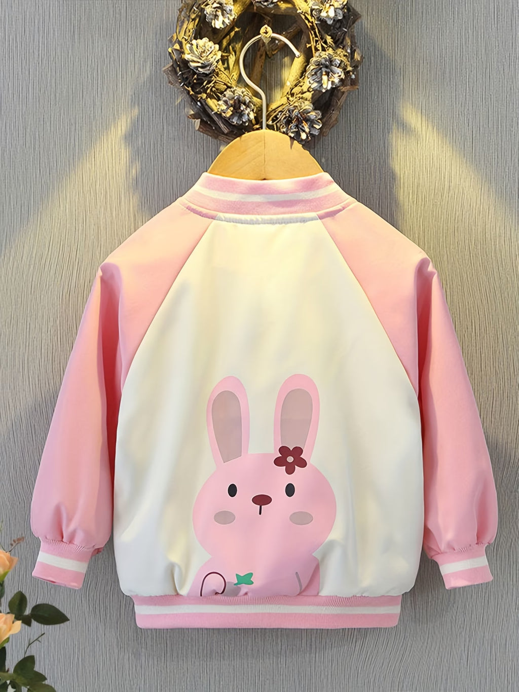Girls' Spring/Autumn Cartoon Print Pink Bunny Jacket, Stylish Color-Block Patchwork Baseball Jacket, Cute Jacket