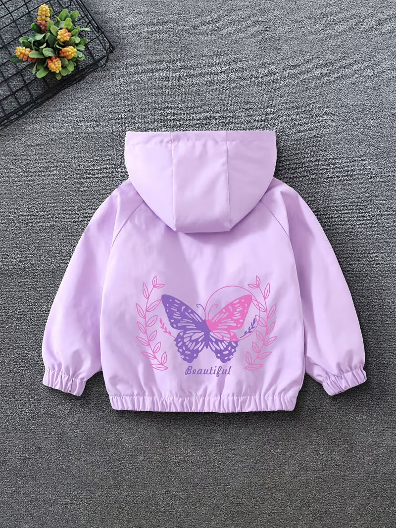 Spring And Autumn New Style Hooded Jacket for Older Girls, Featuring a Versatile Cartoon Leaf And Butterfly Print, Casual And Fashionable with a Loose Fit
