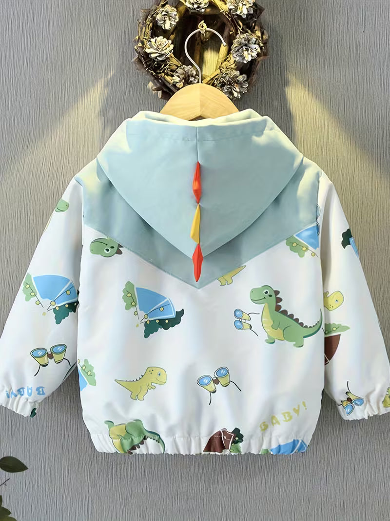 Boys' Spring/Autumn Hooded Jacket with All-Over Cute Cartoon Dinosaur Print, Fall Zip-Up Cardigan