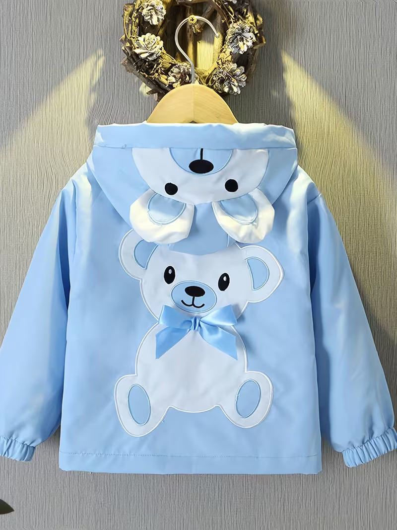 Girls' Spring/Autumn Windbreaker Jacket, Casual and Stylish Hooded Windbreaker for Middle and Older Toddlers, Little Kids' Cartoon Bear Top, Internet-Famous Style