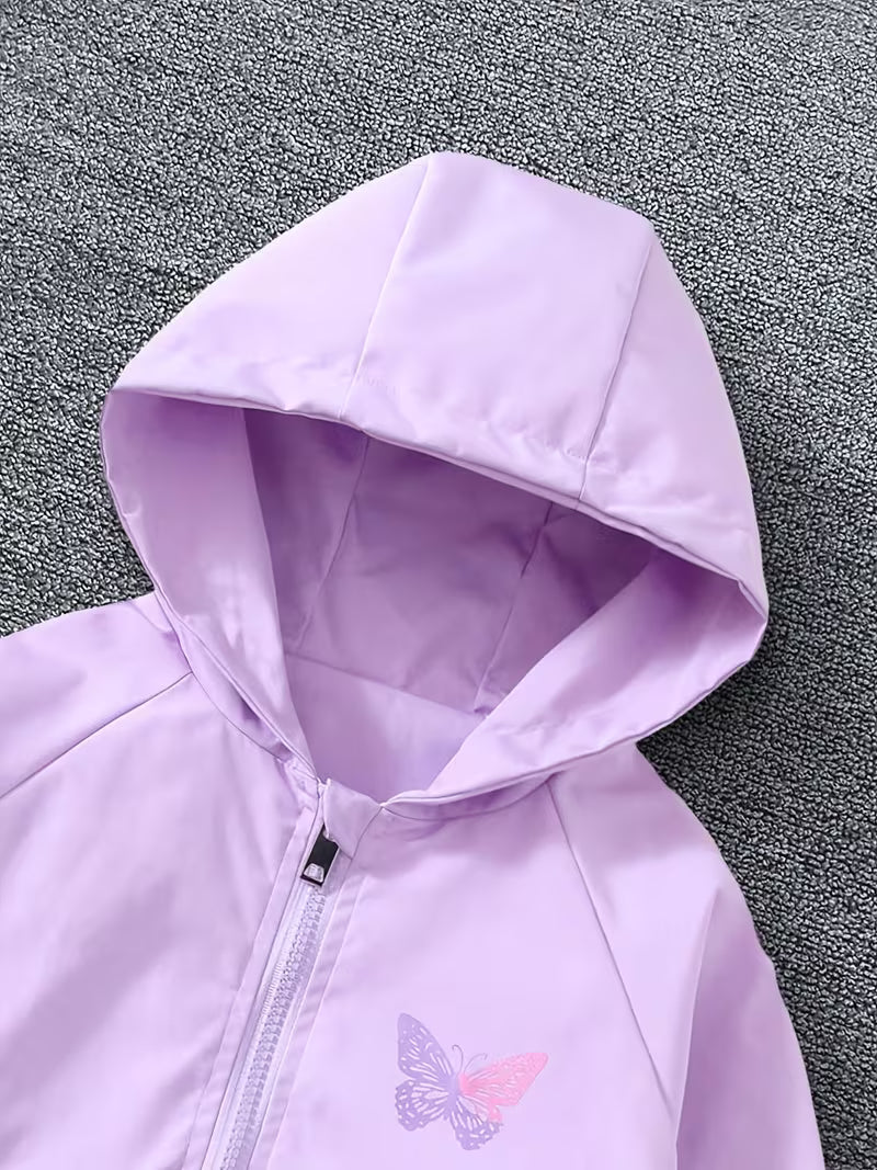 Spring And Autumn New Style Hooded Jacket for Older Girls, Featuring a Versatile Cartoon Leaf And Butterfly Print, Casual And Fashionable with a Loose Fit