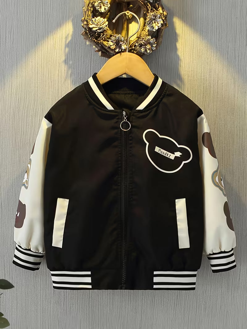 Girls' Cartoon Print Spring/Autumn Outerwear, Stylish Casual Baseball Jacket for Middle/Older Kids, Korean Style Versatile Autumn Jacket, Trendy