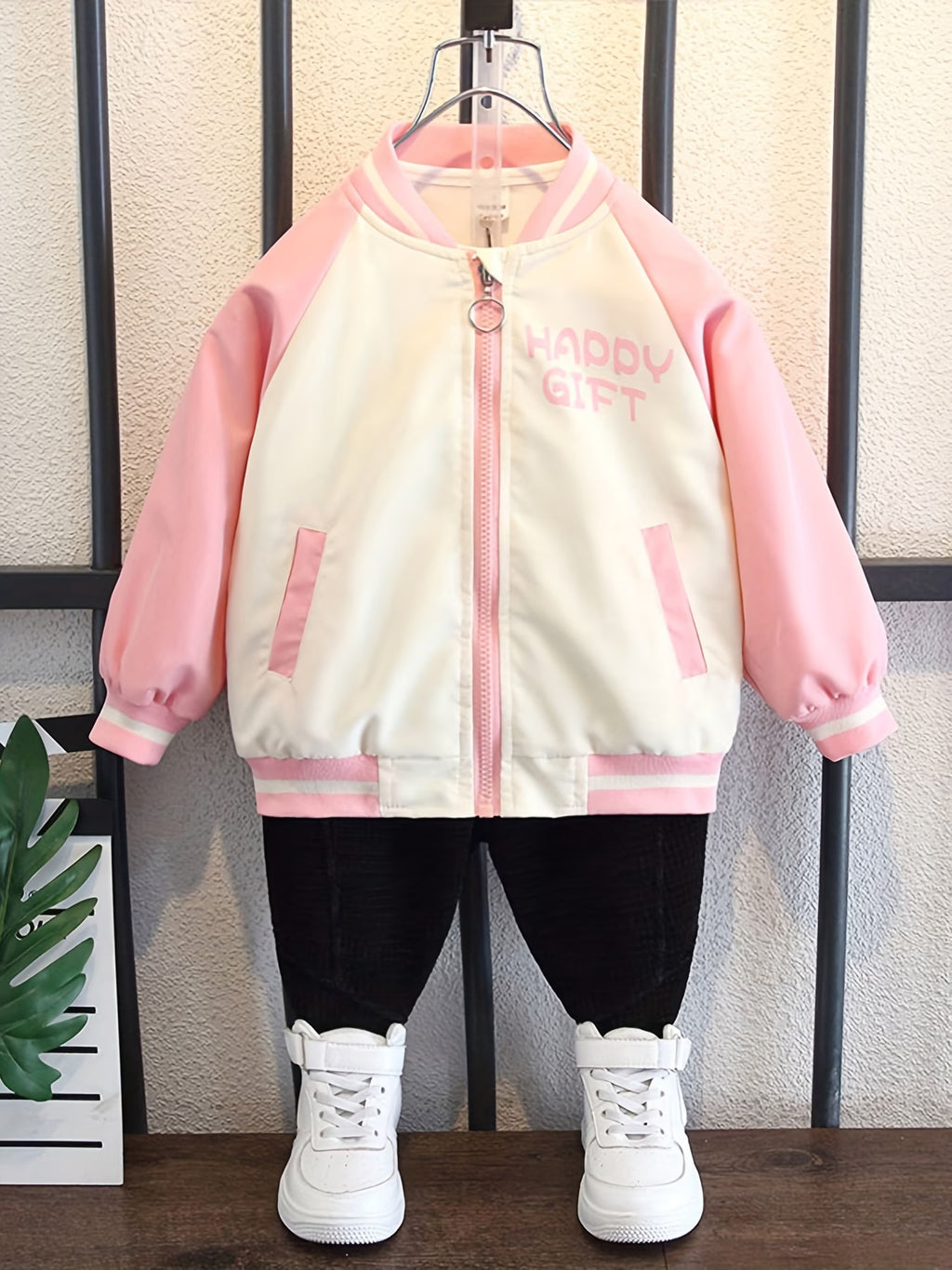 Girls' Spring/Autumn Cartoon Print Pink Bunny Jacket, Stylish Color-Block Patchwork Baseball Jacket, Cute Jacket