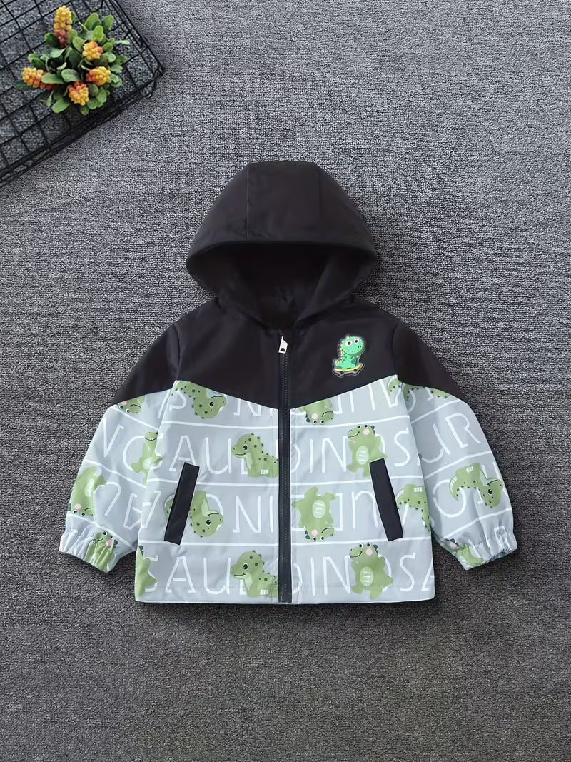 Korean-style Versatile and Fashionable Cartoon-printed Label-patched Horizontal Stripe Dragon Hooded Jacket for Girls, Unisex Outerwear Jacket