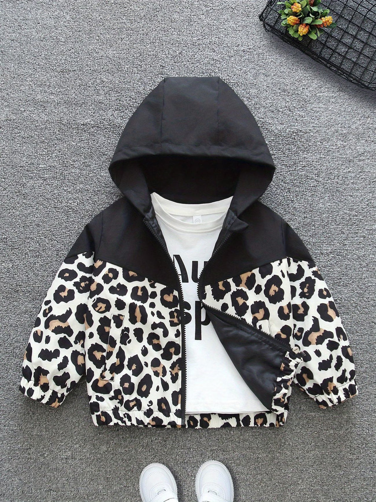 Spring/Autumn New Comfortable Versatile Trendy Korean Style Loose Fit Girls' Casual Fashion Leopard Print Outdoor Travel Play Jacket with Hood and Zipper