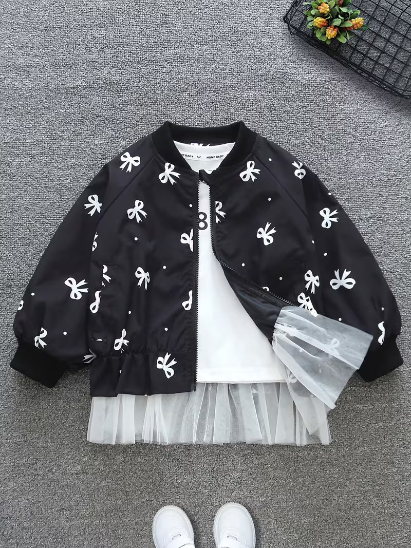 Spring/Autumn New Fashion Casual Comfortable Zipper Jacket for Girls, Medium to Large Kids Outdoor Play Outfit with Full Print Bow Design and Lace Trim