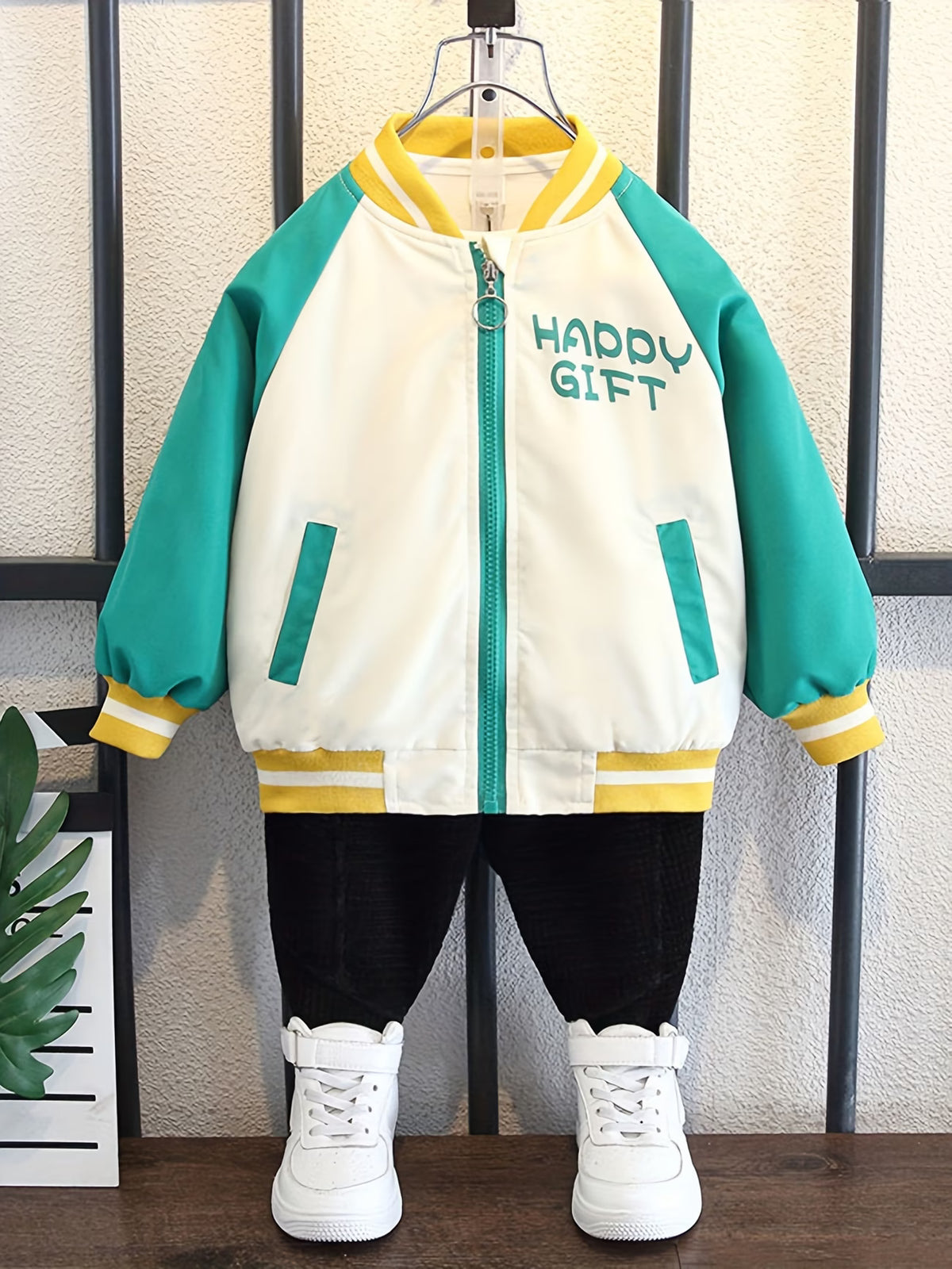 Girls' Spring/Autumn Cartoon Print Pink Bunny Jacket, Stylish Color-Block Patchwork Baseball Jacket, Cute Jacket