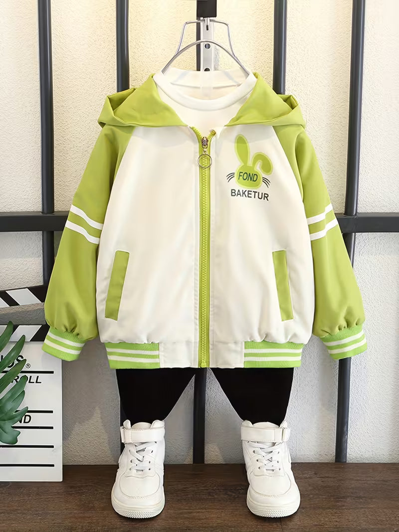 Girls' Spring And Autumn Hooded Jacket with Rabbit Cartoon Print, Stylish Thin Windbreaker for Casual Wear
