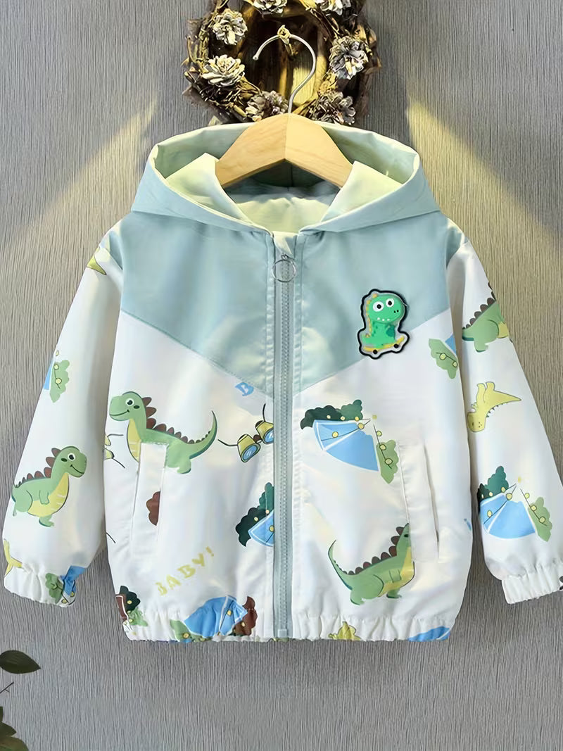 Boys' Spring/Autumn Hooded Jacket with All-Over Cute Cartoon Dinosaur Print, Fall Zip-Up Cardigan