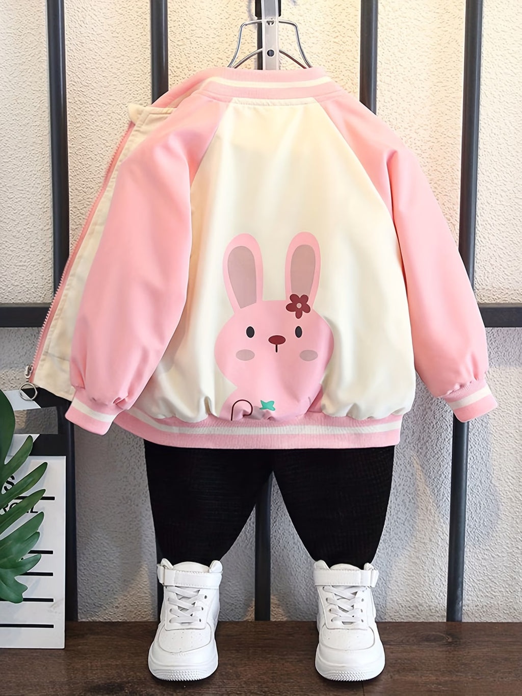 Girls' Spring/Autumn Cartoon Print Pink Bunny Jacket, Stylish Color-Block Patchwork Baseball Jacket, Cute Jacket