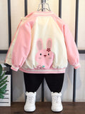 Girls' Spring/Autumn Cartoon Print Pink Bunny Jacket, Stylish Color-Block Patchwork Baseball Jacket, Cute Jacket
