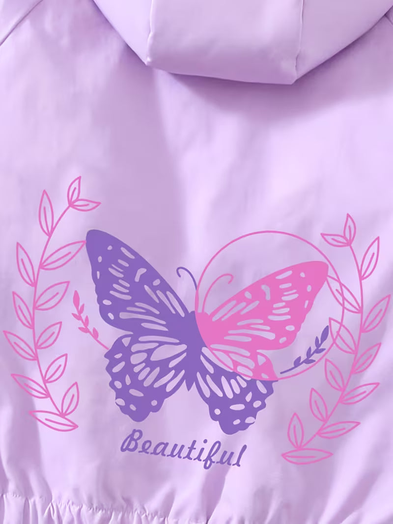 Spring And Autumn New Style Hooded Jacket for Older Girls, Featuring a Versatile Cartoon Leaf And Butterfly Print, Casual And Fashionable with a Loose Fit