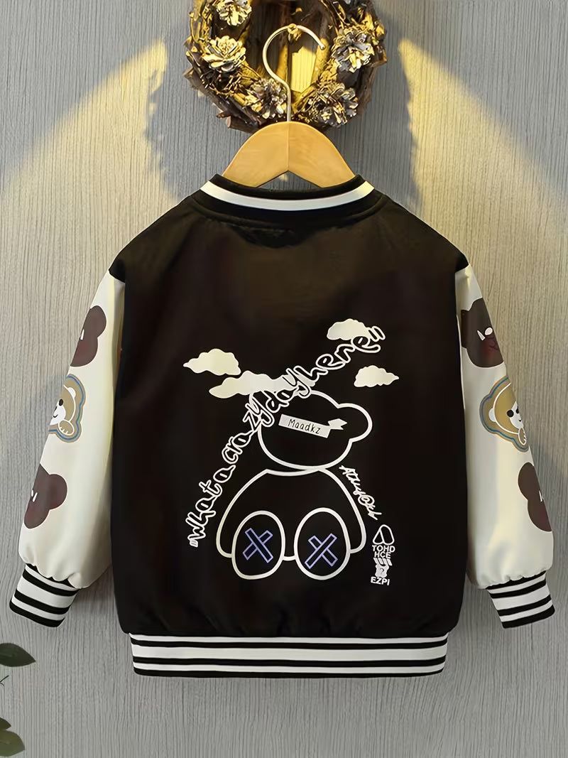 Girls' Cartoon Print Spring/Autumn Outerwear, Stylish Casual Baseball Jacket for Middle/Older Kids, Korean Style Versatile Autumn Jacket, Trendy