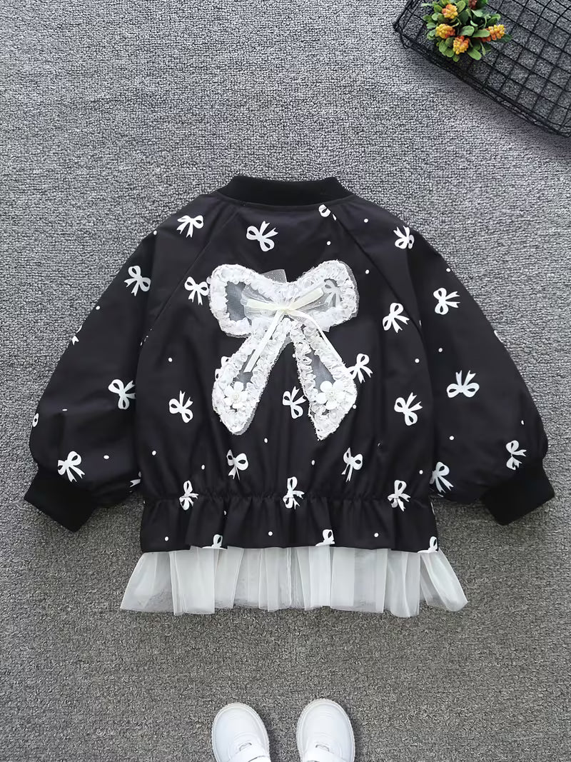 Spring/Autumn New Fashion Casual Comfortable Zipper Jacket for Girls, Medium to Large Kids Outdoor Play Outfit with Full Print Bow Design and Lace Trim