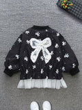 Spring/Autumn New Fashion Casual Comfortable Zipper Jacket for Girls, Medium to Large Kids Outdoor Play Outfit with Full Print Bow Design and Lace Trim