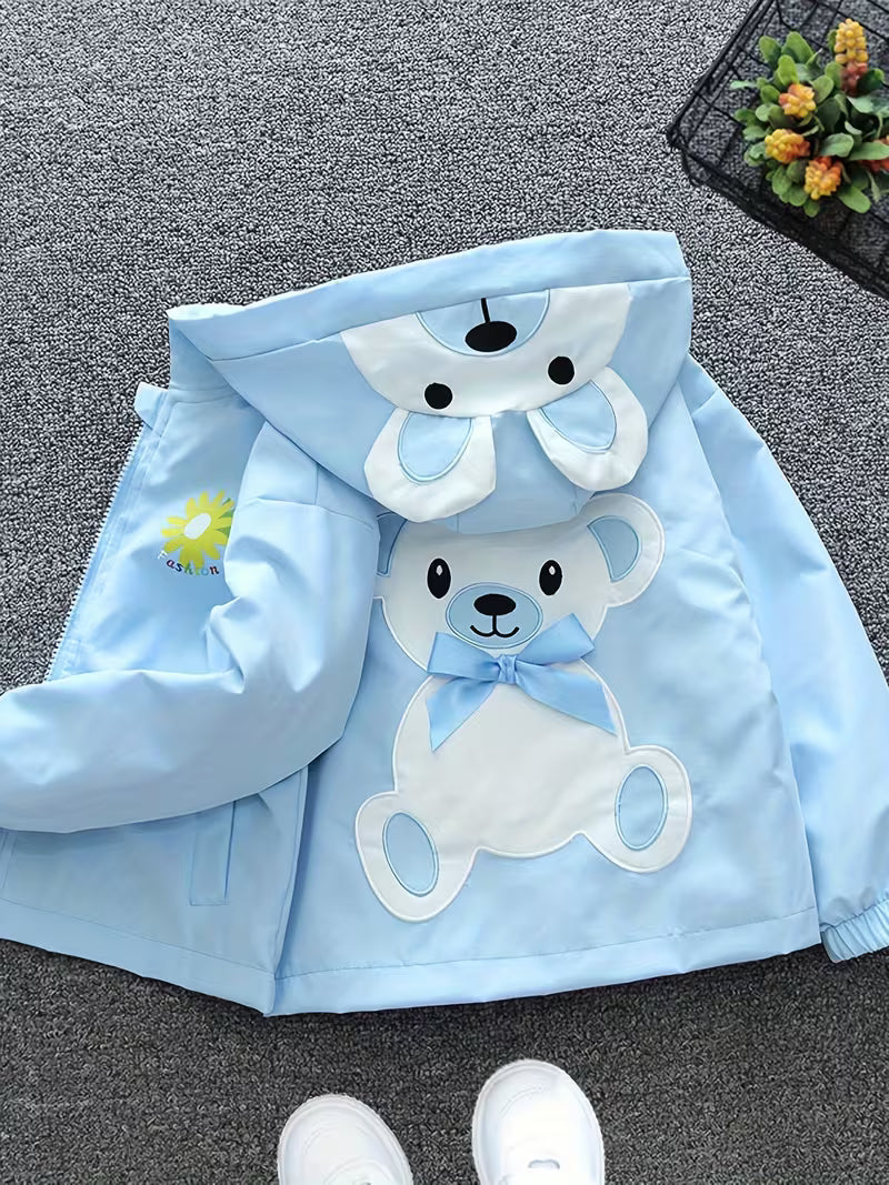 Girls' Spring/Autumn Windbreaker Jacket, Casual and Stylish Hooded Windbreaker for Middle and Older Toddlers, Little Kids' Cartoon Bear Top, Internet-Famous Style