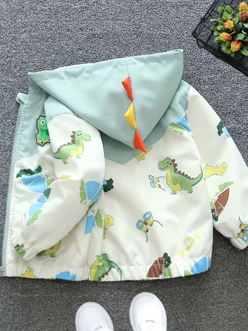 Boys' Spring/Autumn Hooded Jacket with All-Over Cute Cartoon Dinosaur Print, Fall Zip-Up Cardigan